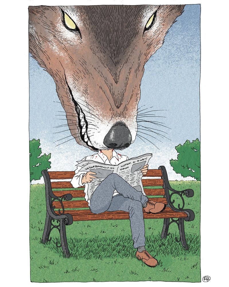 A man sitting at a park bench reads the paper, when a giant wolf bites his head off