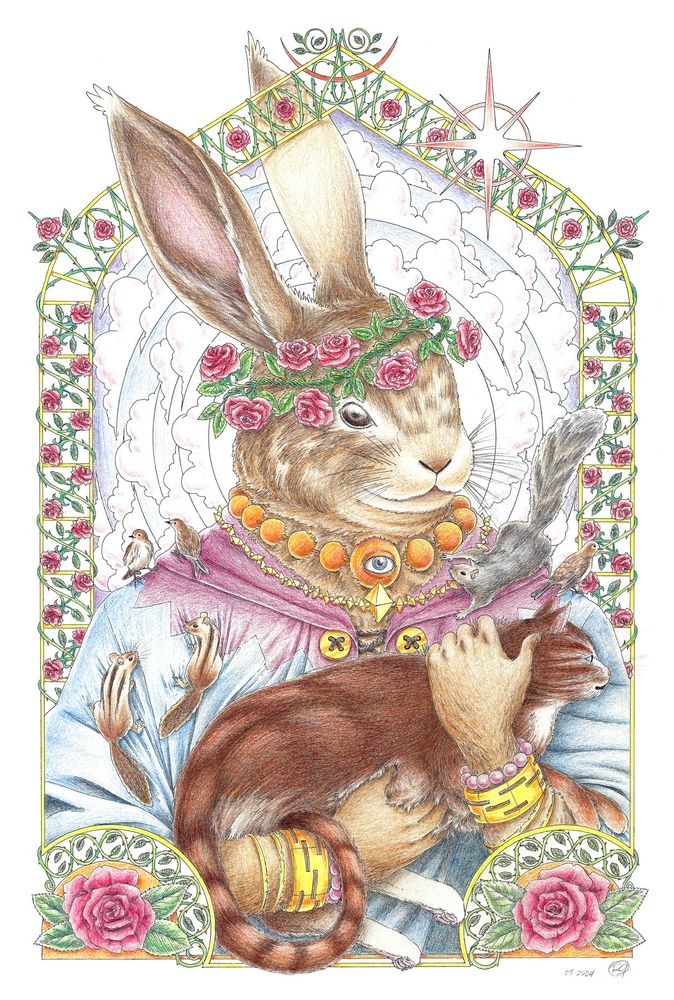 A large anthropomorphic rabbit wearing a crown of roses and a flowing robe cradles a cat in its arms. Several woodland creatures crawl over and around it, clinging to its shoulders. The image is framed by intertwining roses.