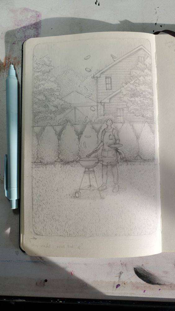 sketchbook page featuring a man barbecuing in his backyard. the franks and burgers are floating up into the air. there's a blue mechanical pencil to the left of the sketchbook.