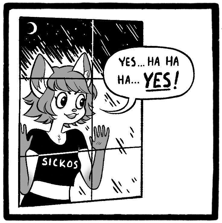 A furry girl wearing a black shirt saying "Sickos" peaking through a window yelling "YES...HA HA HA... YES!"