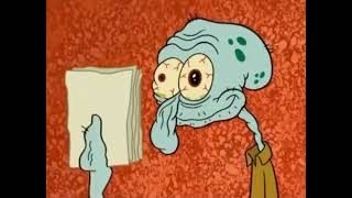 Squidward "I did it" meme. He looks run down and half crazed holding a stack of wrinkled papers up against a red patterned background 