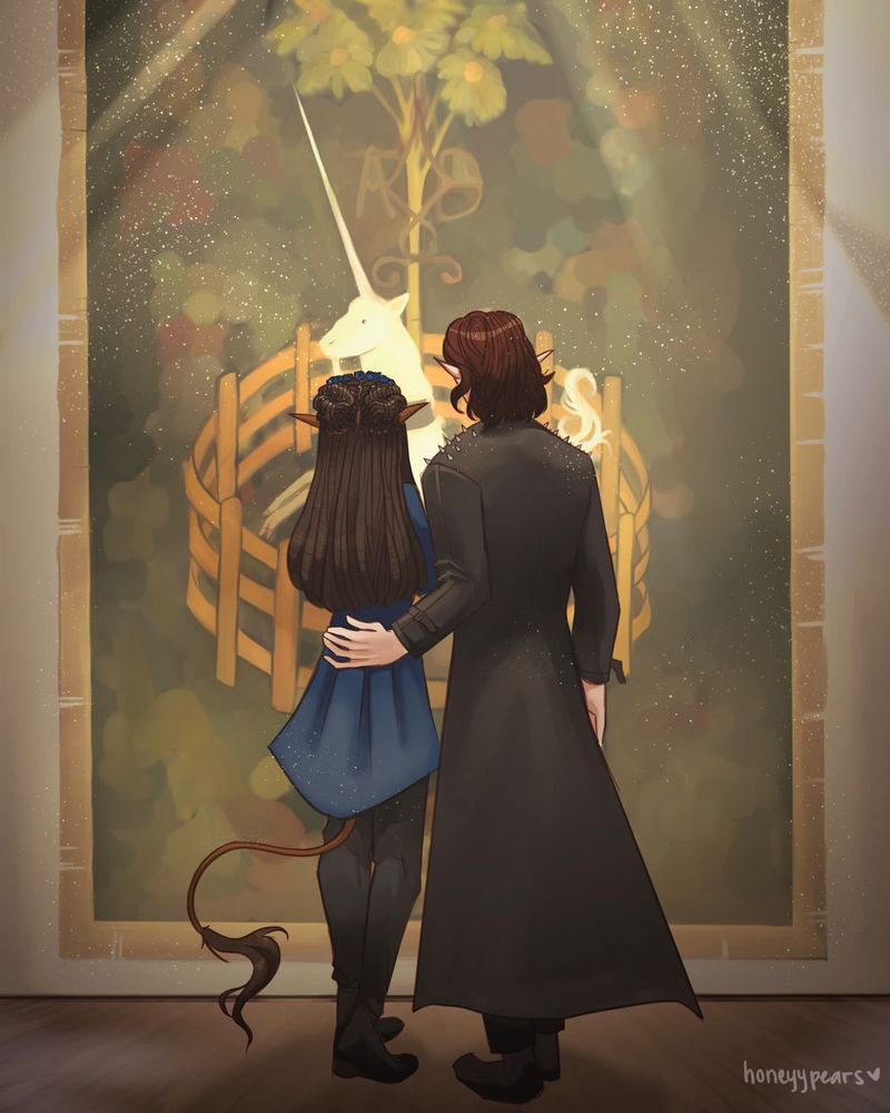 An elf woman and vampire man admiring the unicorn tapestry