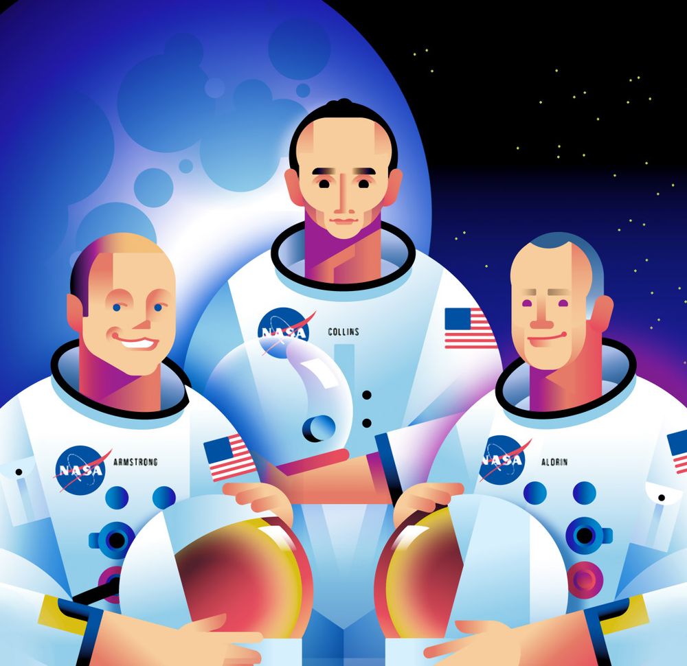 Caricature of Armstrong, Collins and Aldrin dressed in their astronaut attires.