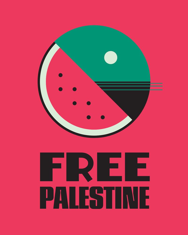 Free Palestine poster, featuring a watermelon and a landscape in a minimal design