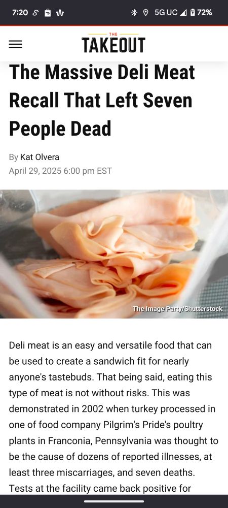 A deli meat recall that caused the death of seven people from deli meat processing. The company Pilgrims Pride. Buy local!