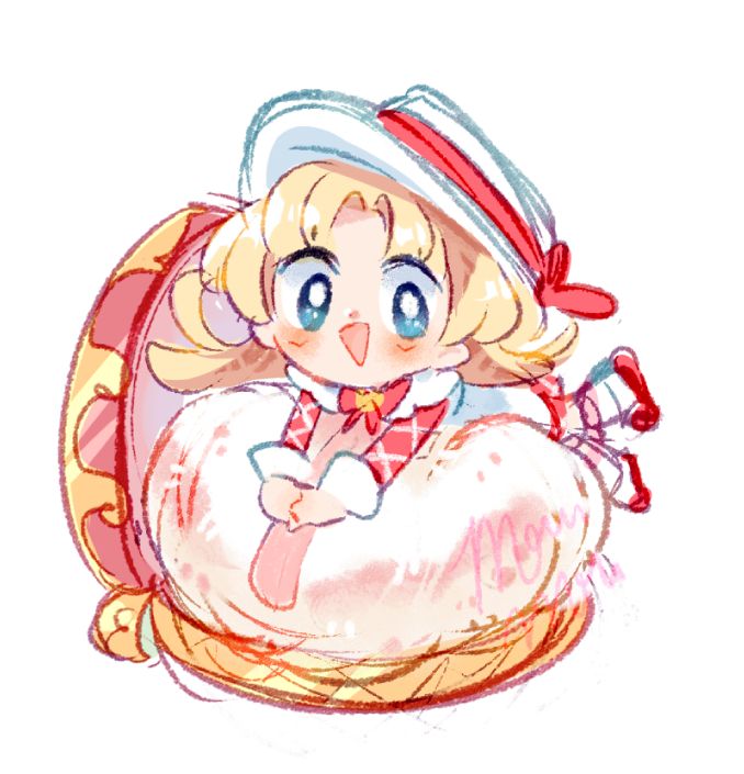 Chibi from Ashita no Nadja. She is very tiny. She is perched on a make-up puffy with her white and red dress.
#Nadja #Ashita no nadja #Wip