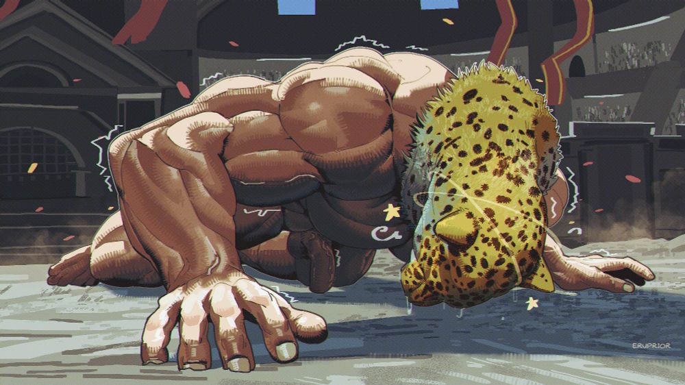 King from Tekken on all four in a defeated pose, on a sandy arena surrounded by a coliseum