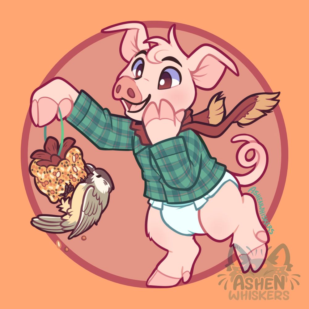 a cute piglet dressed warmly in green plaid and a diaper. they are holding a pinecone smeared with peanut butter and birdseed while a chickadee feeds from it.