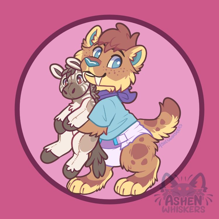 Art of a saber-toothed tiger kid wearing a t-shirt, diaper and bandana. They are smiling and clutching a quagga plush to their chest.