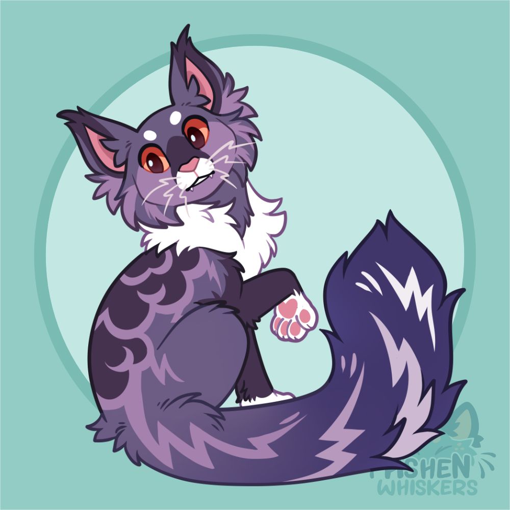 cute art of  a cat with cloudy and lightning-like markings, sitting and looking over their shoulder at the viewer