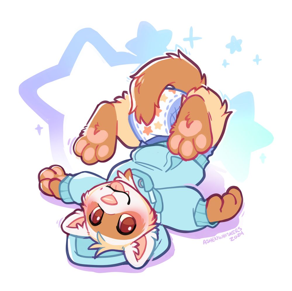 cute art of an anthro ferret kid laying on the ground his his legs in the air. he's wearing a hooding and diaper with a cute starry design.