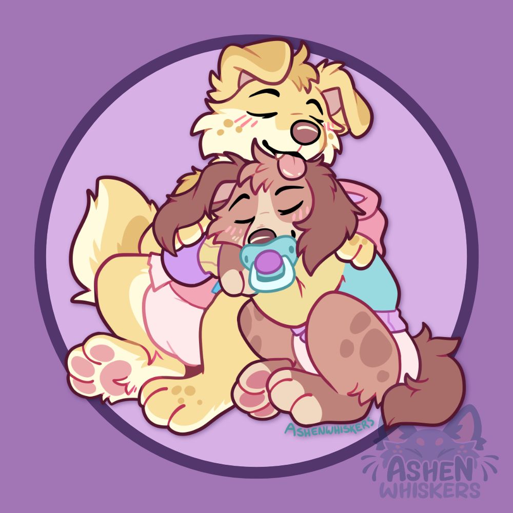Art of two puppies - one yellow with floppy ears and a pink diaper, one with fluffy long floppy ears and brown in a diaper and a colorblock hoodie - cuddled up together to nap.