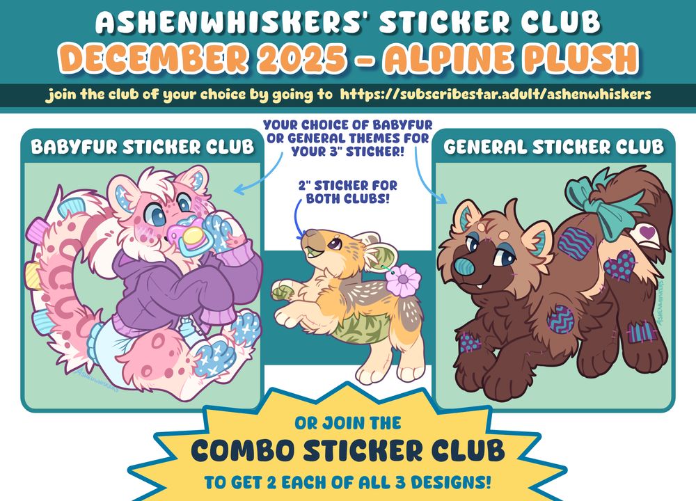 Babyfur 3" -  A brown wolverine plush with sleepy eyes. They have purple and teal patches and accents and a teal ribbon tied around their tail. Bonus 2" -  A yellow, grey and cream plush pika with a leafy print on its ears, paws and tummy. It has a flower shaped ear tag.  General 3" -  A fluffy pink snow leopard plush wearing a purple hood, white diaper. Their nose, ears and pads are a starry blue fabric and their tail has little fabric tags. They look blushy and flustered about the pacifier in their mouth.