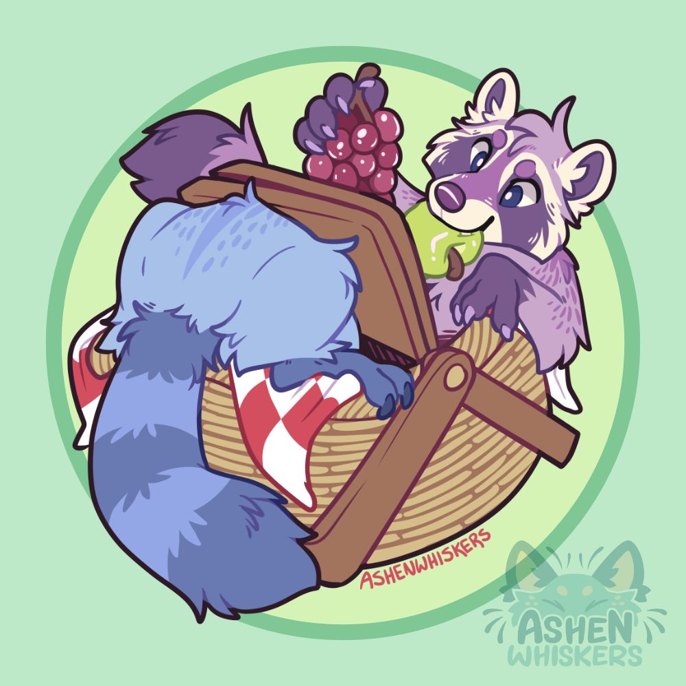 colorful art of a wicker picnic basket lined with a red and white checkered blanket. on one end the tail end of a blue raccoon can be seen, while on the other end, a purple raccon leans against the edge with a green apple in their mouth and a paw full of a bunch grapes.