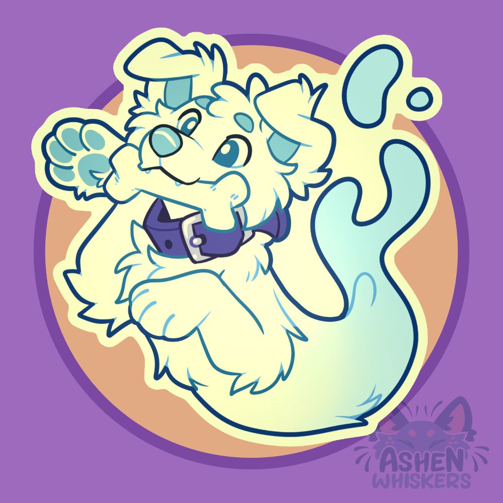 a little ghost dog with a chunky purple collar holding a bone in their mouth. this sticker will glow in the dark!