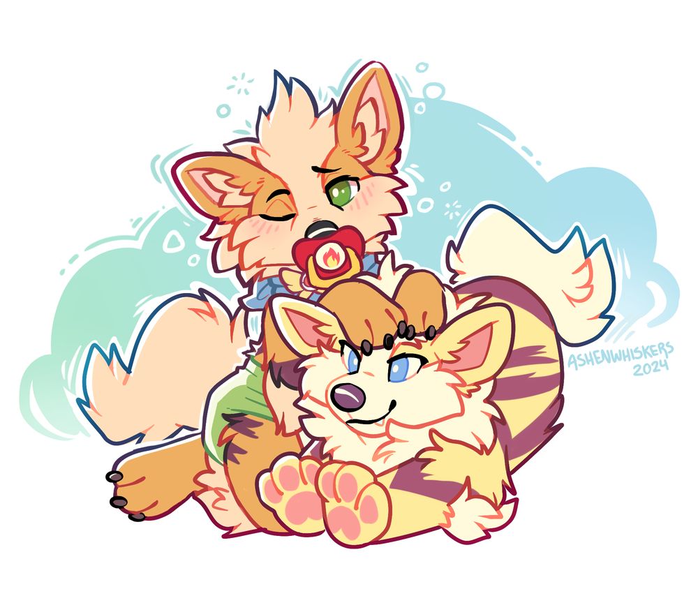 cute art of a sleepy arcanine kid with an arcanine plush