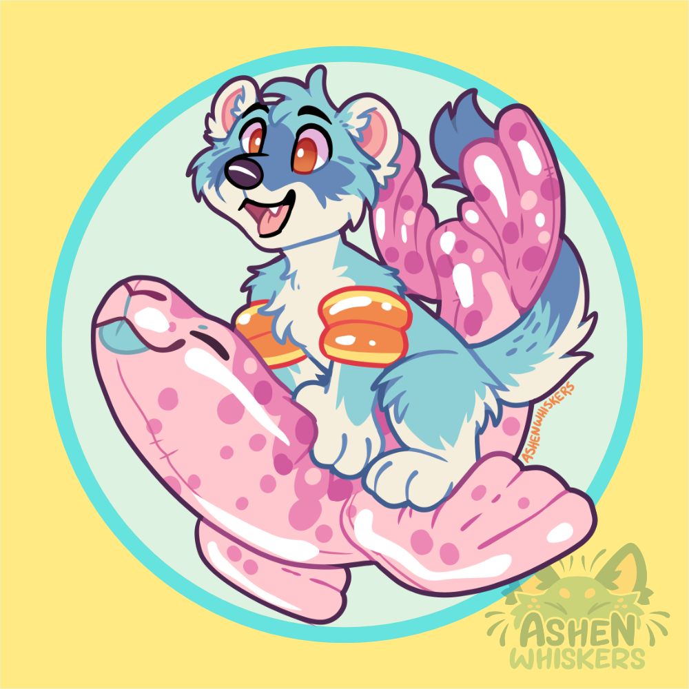a blue stoat kid with orange swim wings excitedly astride a happy pink seal inflatable pool toy