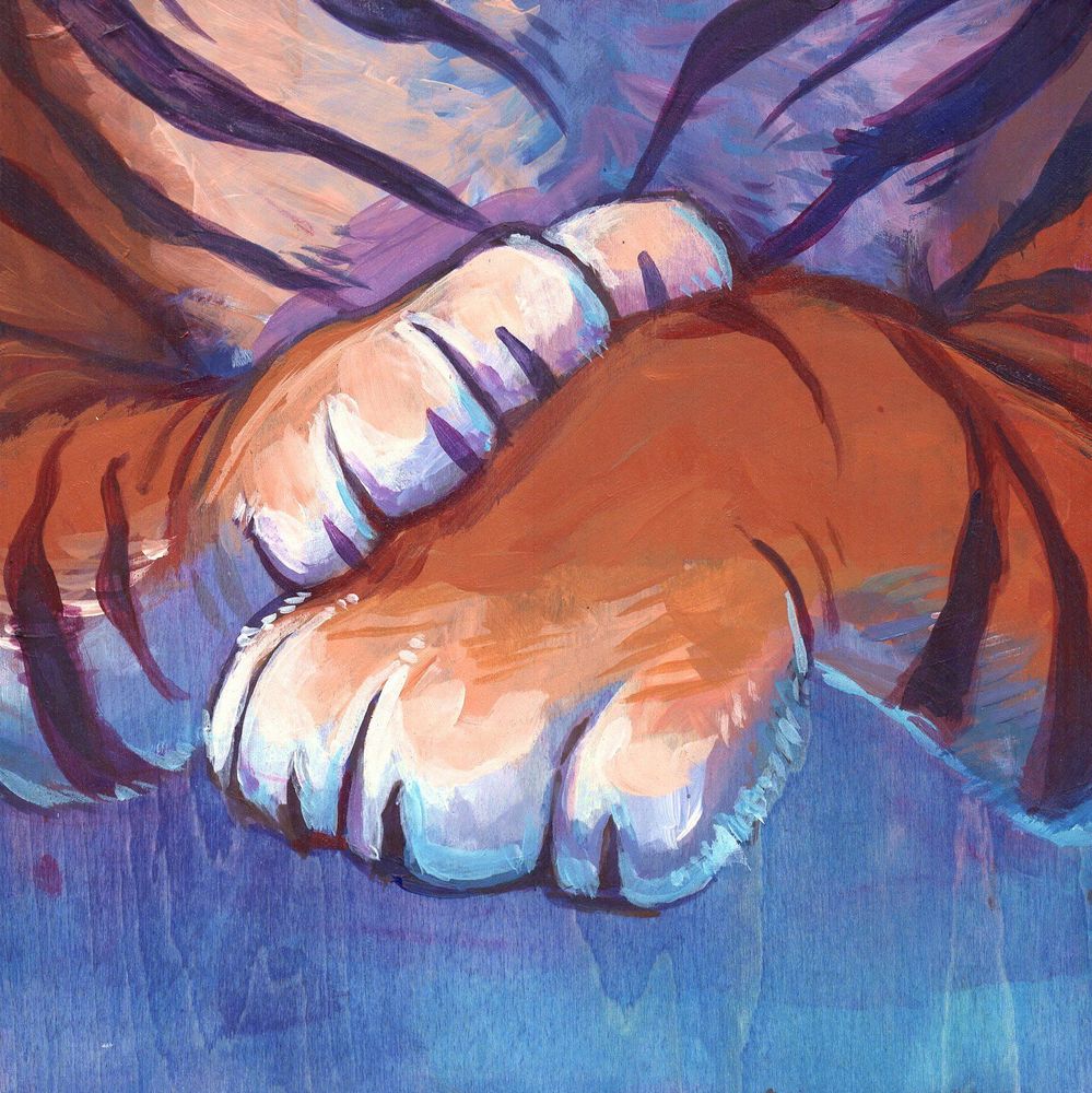 And acrylicpainting, a close up of a tiger's front paws. The palete is mostly purples, blues and oranges. The wood grain beneath the paint shows through in some areas.