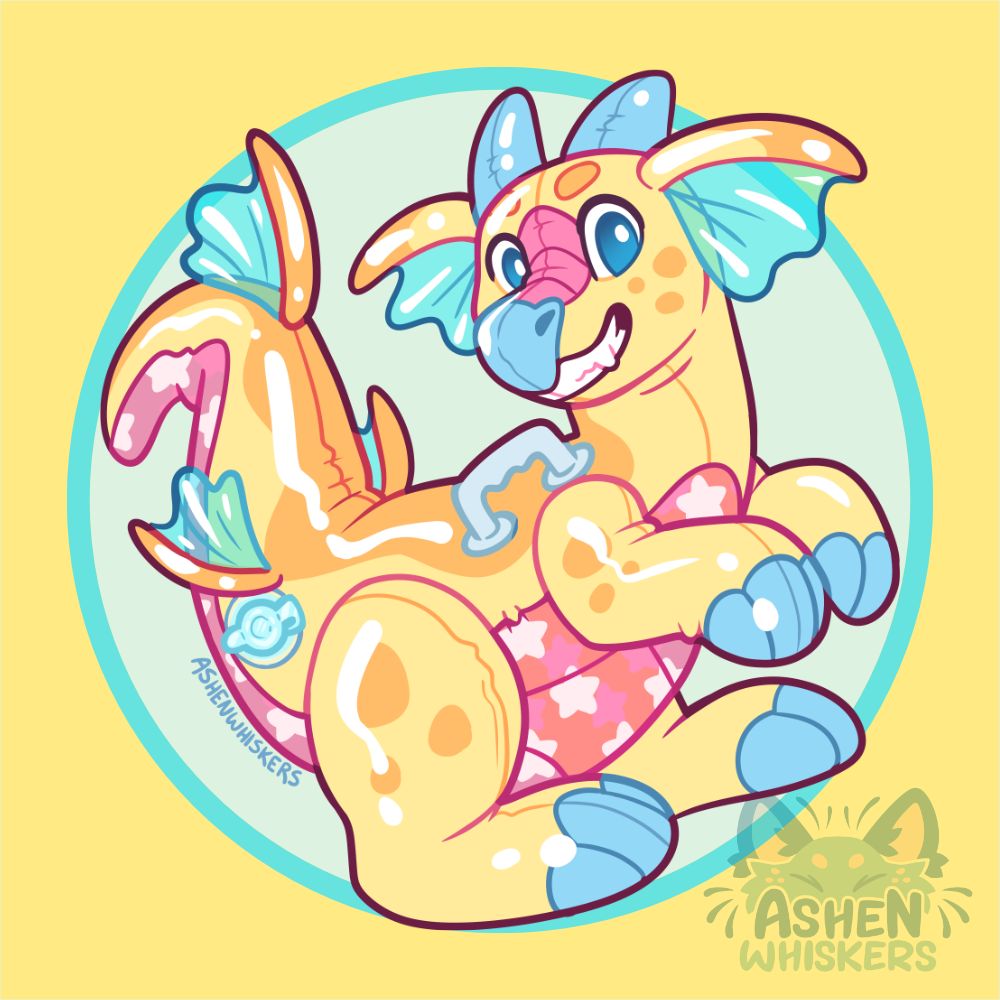 a silly yellow sea dragon inflatable pool toy, with a a big grin, transparent starry pink tummy and transparent blue fins