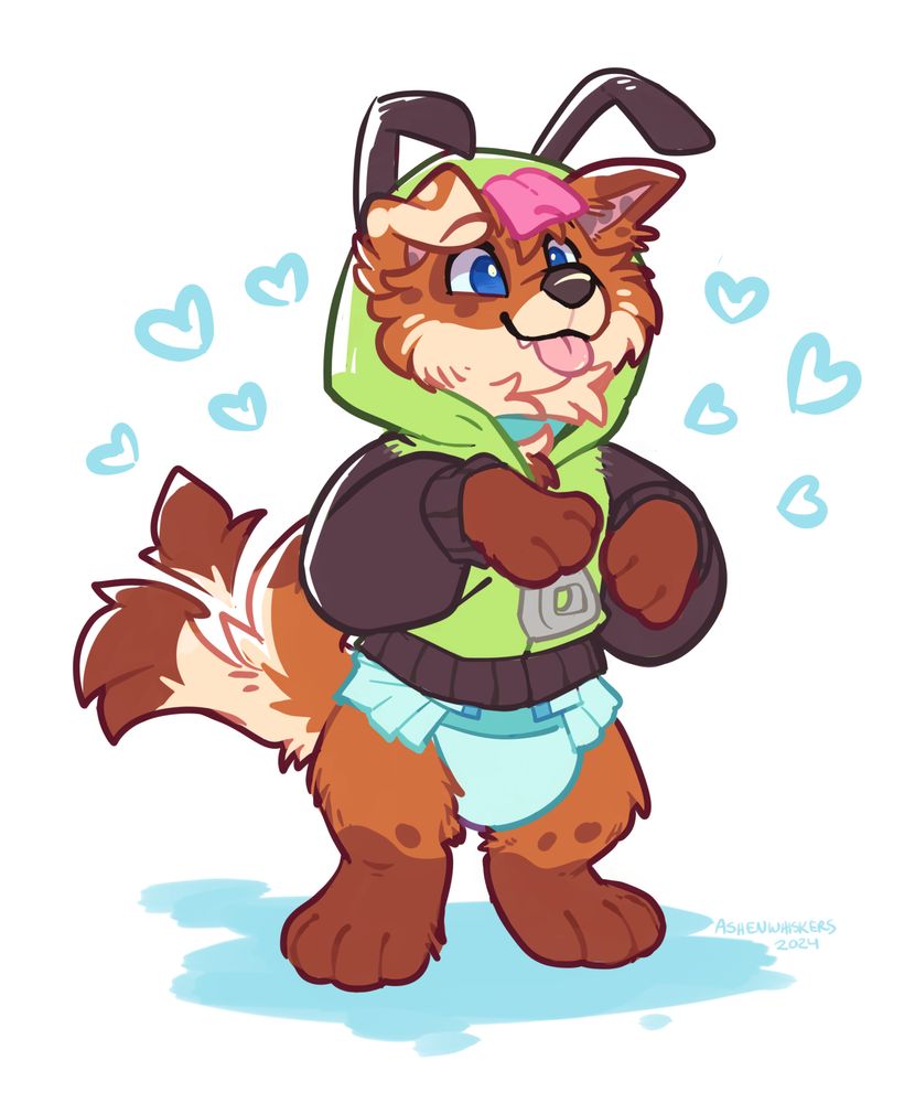 Cute furry art in a loose style with thick sketchy lines and slightly messy flat colors. A small, very fluffy, orange, brown and beige puppy is standing and wagging with his paws raised up. He's got a big, wide-eyed snaggletooth smile with his tongue hanging out. He's wearing a simple teal diaper and a bright green and black hoodie that looks like the character Gir from Invader Zim.