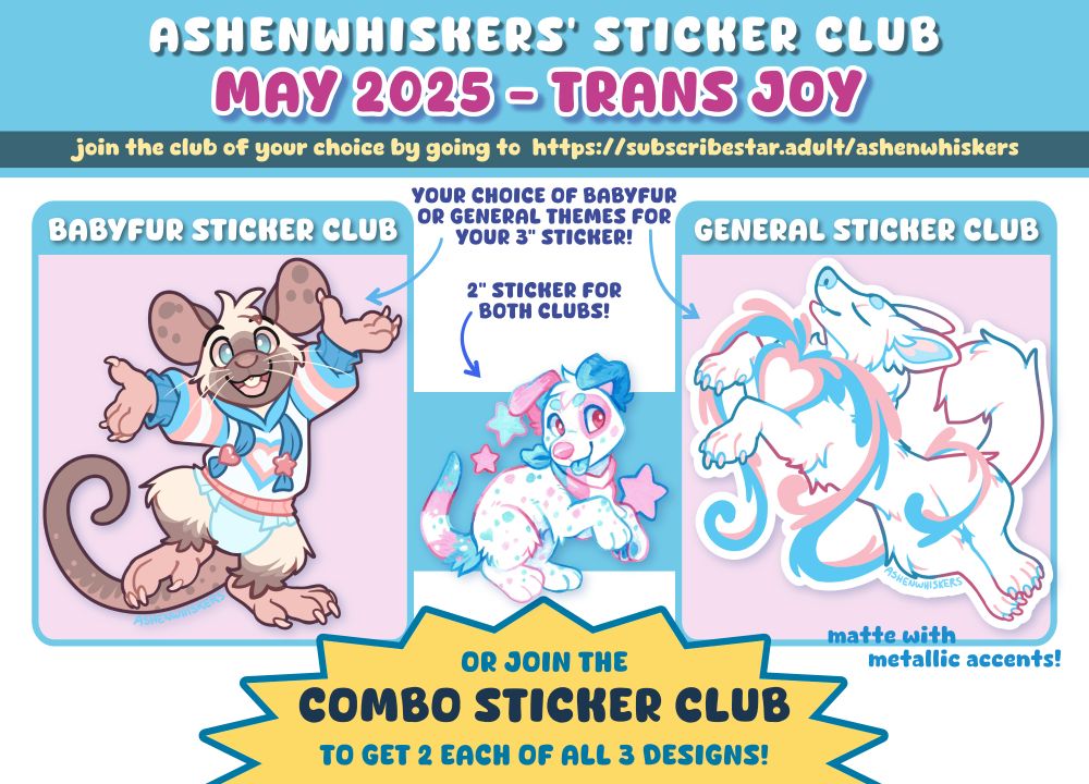 Ashenwhisker's sticker club - May 2025 - Trans Joy  General 3" - a white fox in a dreamy, drifty pose, with trans flag color bursting from a heart on their chest Babyfur 3" - a seal point mouse lifting their arms as if cheering, dressed in a trans pride hoodie Bonus 2" - a dalmatian puppy with trans coloring and a trans pride bandana, with several pink and blue stars behind them