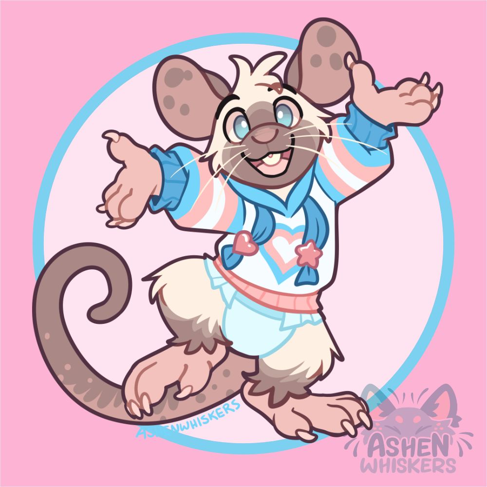 cute art of a seal point mouse lifting their arms as if cheering, dressed in a trans pride hoodie