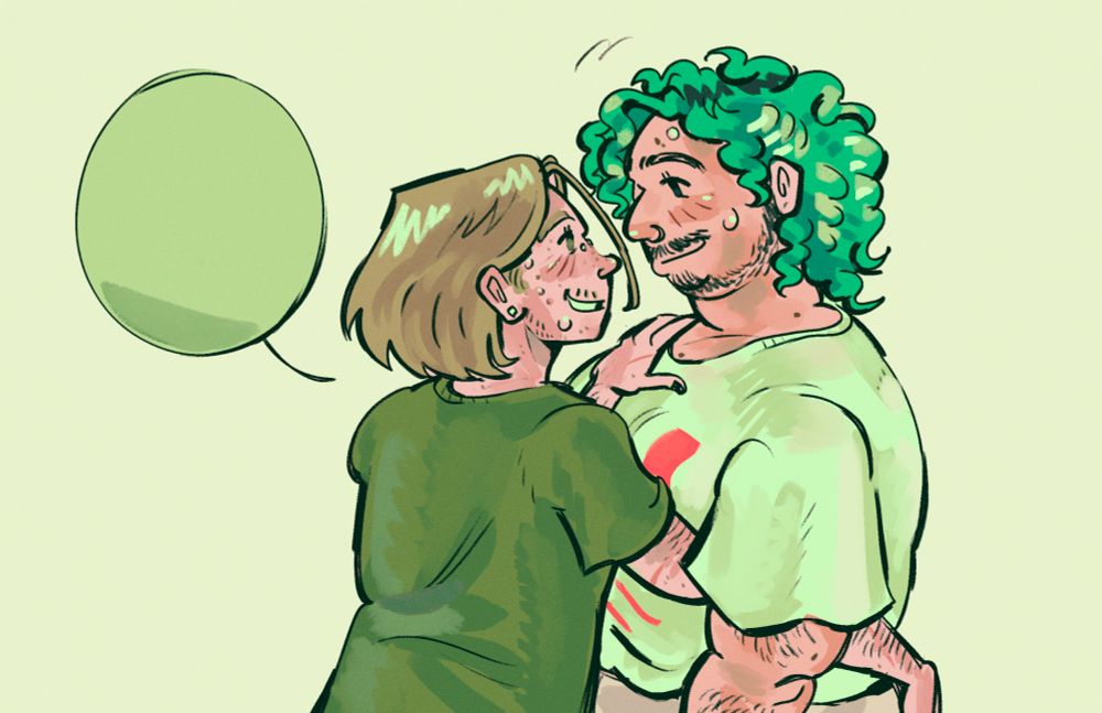 A digital drawing of my ocs Adam and TBN. Adam has one arm wrapped around TBN and a hand rested on the other's chest. He leans in to say something and TBN nods in response.