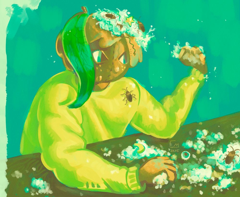 A painting of my oc Peach, a fruit inspired plush person, picking stuffing out of their head.