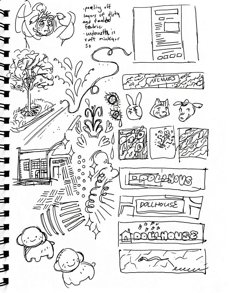 Another page from my sketchbook. It has pen drawings brainstorming an illustration, some graphics for a website, and various random doodles.
