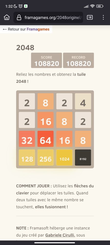 Capture d'une partie du jeu 2048.
Le score est de 108820 et on y voit notamment une case avec la valeur 8192.