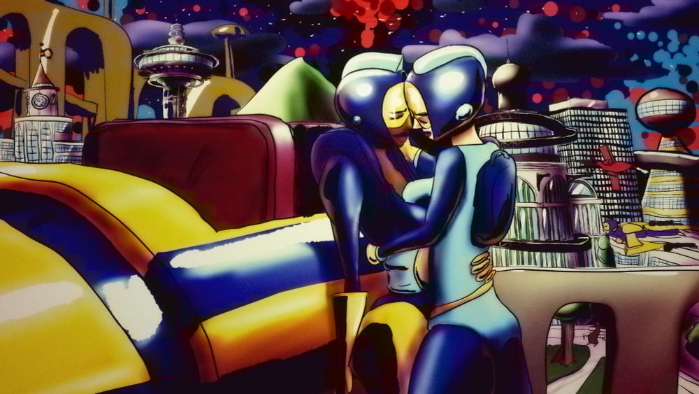 Two women in a retro futurist world kissing next to a personalized rocket. Behind them is a retro footprint city at night