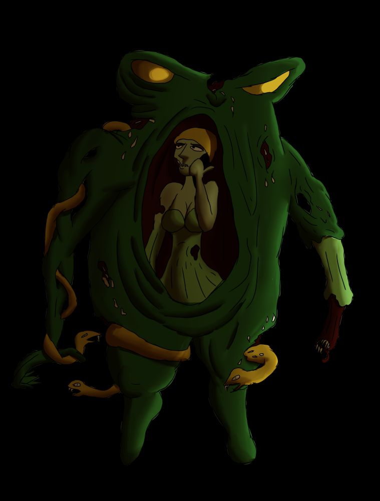 Nadina in her big hulking body on her phone,  not caring what's going on around her.  Her hips stretch out with folds merging into the flesh wall behind her.  The giant body stands up on its two stumps for feet with its own arms stretched out,  ready to go forward.  Yellow snakes slither around it while maggots infest her wounds