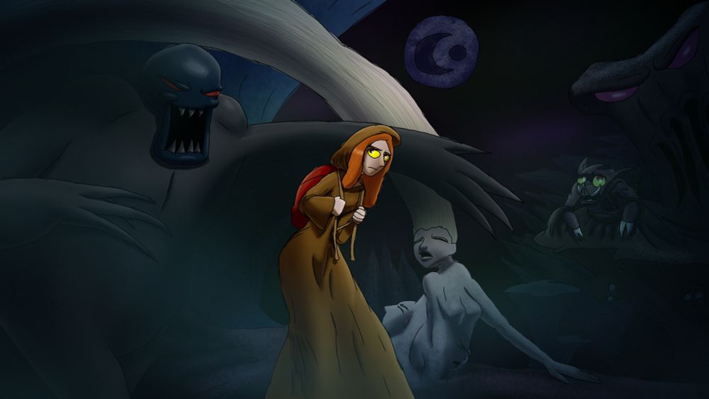 A digital art piece with smooth shading and black ink outlines depicting a character of mine named Peregrine from Depths of Despair and Sin walking through a strange world.

The world is a black void full of monsters on floating islands. 

Here we we a large gray fellow with a large blue skull with sharp teeth and pure red eyes,  guiding peregrine forward.  

Peregrine has natural red,  bushy hair,  wears a long tan cloak,  and has a red backpack.  Her skin is a medium Caucasian color. The whites of her eyes are yellow and her pupils are purple.  

Behind her on the ground is a pale blond woman in a white dress who might be crying and is merging into the ground below.  Her blond hair flows into the air and is incredibly long,  arching over everyone.  

On a floating island in the distance is a dark pig creature looking at them.  It seems to be in pain as it stands in a crab pose.  It also has the same yellow and purple eyes.  

There's another floating island behind it,  and a moon like orb further beyond,  but more center frame which has purple splashes on it. 