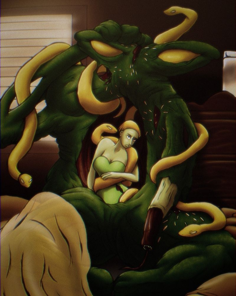 Nadina sits up,  having light green skin, and a lime green top covering her torso.  Though there's an obvious scar on the top,  meaning that's probably more of her skin. 

She wears a yellow beanie,  the same color as the snakes slithering around her.  But not just her,  her larger body as well. 

Nadina is a fairly fit woman,  not particularly tall in her own right.  Or should would be,  normally.  Below her torso,  her hips fade into the rest of her body. 

It appears as though Nadina sits within the gaping vertical mouth of a monster,  but that's simply more of her.  The mouth flesh around her is of her. There are no teeth in this large mouth,  just cheek flesh, gnarled up.  

The larger body itself is a darker green,  and quite bulky. It's chicken thigh like legs extend to stumps for feet.  There's another right arm on the larger figure,  one stretched out with a hole through the lower arm,  likely separating the two bones within it.  And upon the hand are claws for nails. 

The hand is rubbing the top of the monster body,  which rests two large yellow eyes without pupils. Nadina also has her regular eyes on her regular face,  which is currently just tired.  

There are holes and scars across this giant hulking green body,  with maggots crawling all around.  

Instead of a left arm on the monster part,  there's this worm like tendril with a second light green worm crawling out,  followed by another worm like appendage,  all red,  with sharp teeth and a tongue coming out.  

She sits alone in an abandoned apartment with a translucent yellow cloth resting over her leg and yellow pillows behind her. 