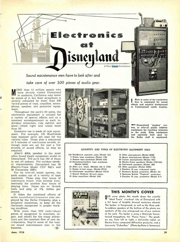 Long article about early Disneyland's audio setup found here: https://www.worldradiohistory.com/Archive-Radio-News/50s/Radio-News-1958-06-R.pdf#page=39