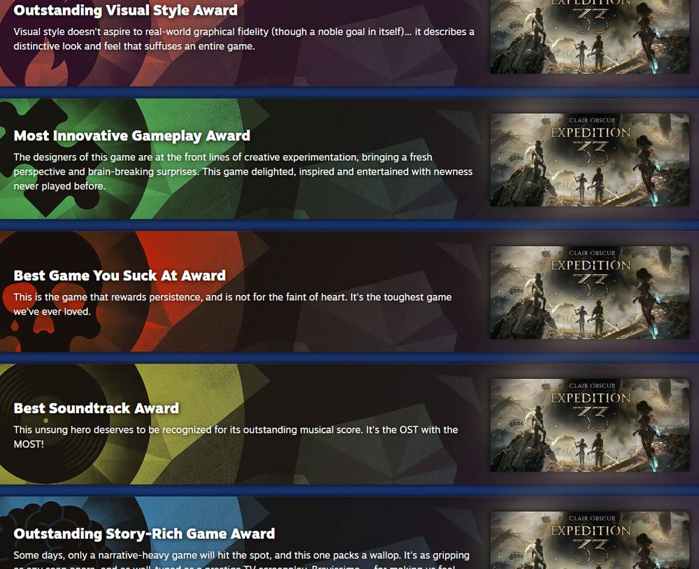 2025 steam awards screenshot of outstanding visual style, most innovative gameplay, best game you suck at, best soundtrack, outstanding story-rich all with expedition 33