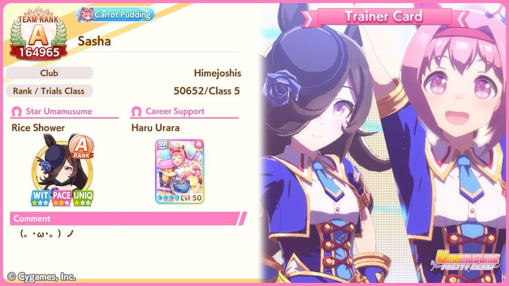 my umamusume trainer card featuring urara and rice