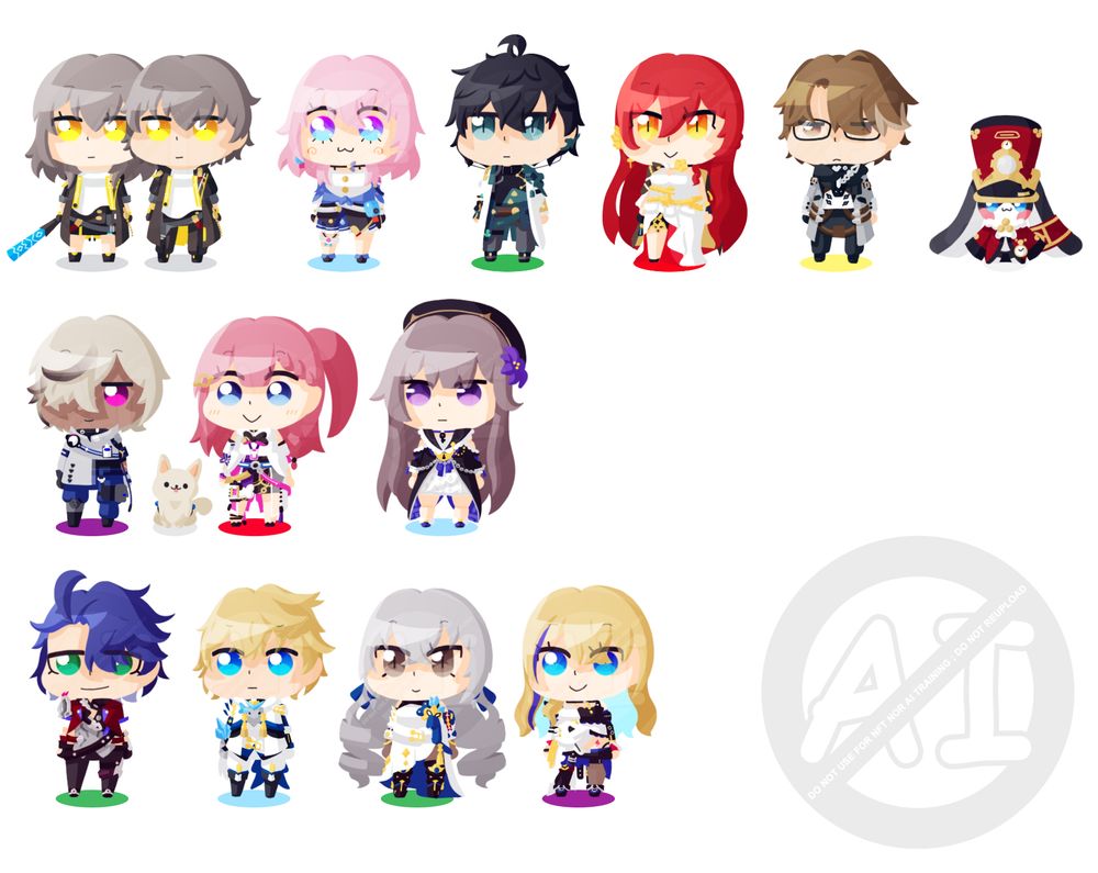 1st line: chibi trailblazers (destruction), march, dan heng, himeko, welt and pom-pom
2nd line: arlan, peppy, asta and herta
3rd line: sampo, gepard, bronya and serval