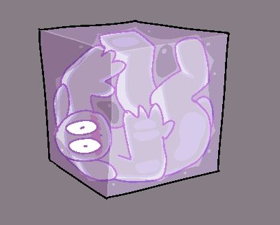 The same anthropomorphic rabbit, now flustered and stuck inside the cramped cube.
