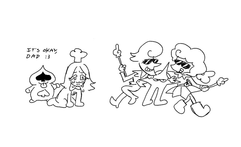elnina, lanino, and the original starwalker as a happy group. off to the side, rouxls on his hands and knees, tears dripping down his face. Lancer stands nearby and says "it's okay, dad :3" (said in bobby hill tone voice)