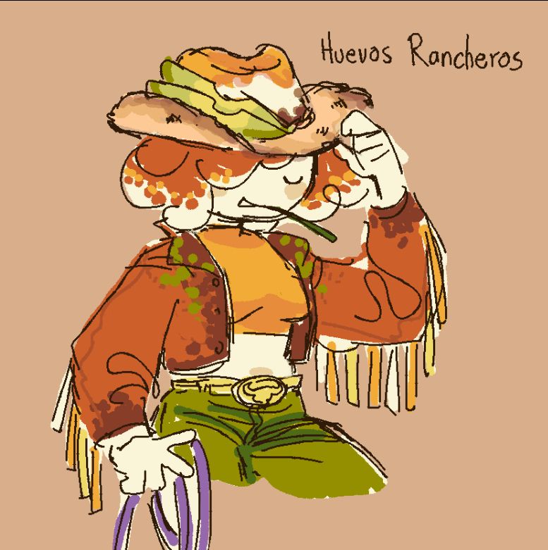my oc Omlette the omurice alien in a huevos rancheros themed outfit, complete with tortilla and fried egg cowboy hat with avocado garnish, salsa jacket with shredded cheese tassels, salsa verde jeans, and sliced onion lasso. she's chewing on a green onion.