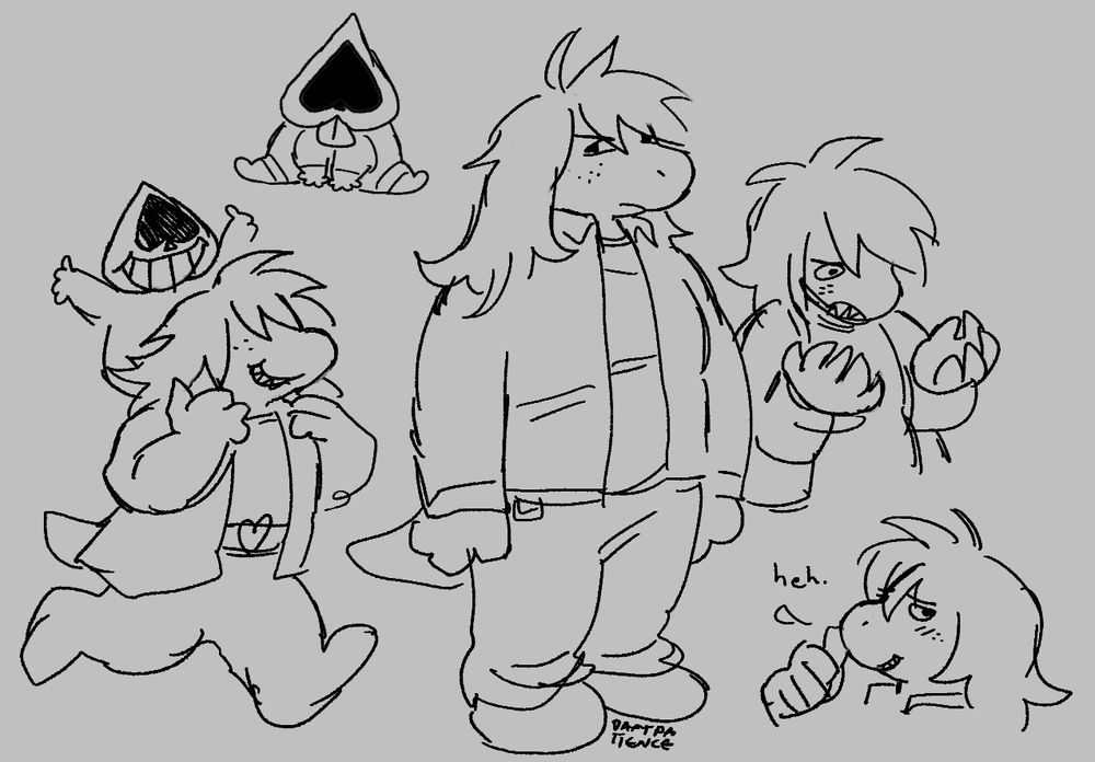 a bunch of sketches of susie and lancer from deltarune. there's one where susie is giving lancer a piggyback ride.