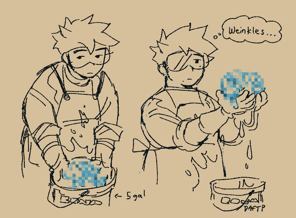 a couple of drawings of my oc Dr Salt handling a 5 gallon hardware store bucket of censored frankenstein parts. he's wearing long rubber gloves and an apron over his labcoat (which he has rolled the sleeves up on)
in one drawing he's holding up what is implied to be a brain (it is in fact my oc nathan's brain) and thinking to himself "weinkles..."