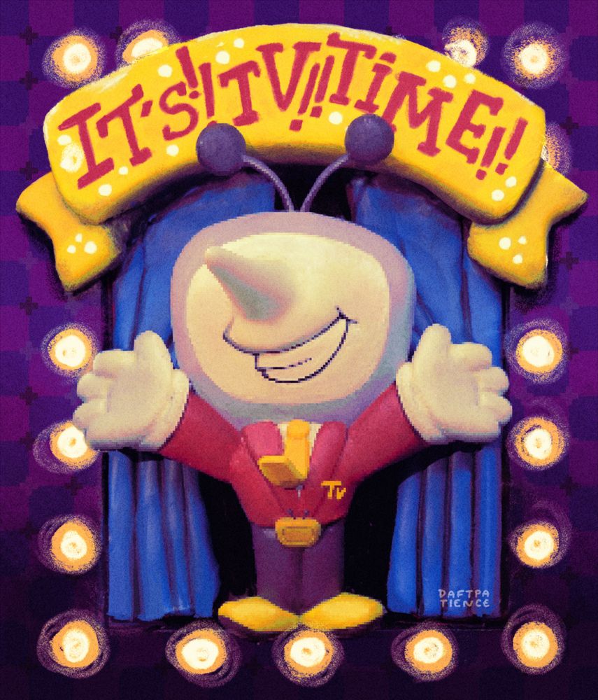 a foam clay sculpture of mr ant tenna from deltarune, cleaned up digitally. he's standing in front of drawn open curtains, and above him is a big banner that says "IT'S!! TV!! TIME!!" there's those blinky signboard style lights around him as well.