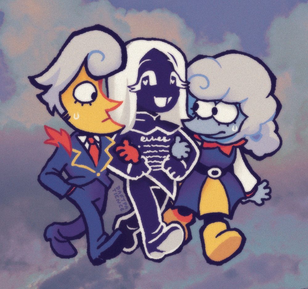 a drawing of lanino, rouxls kaard, and elnina from deltarune. they're walking arm in arm. rouxls looks at the viewer, pleased, while elnino and lanina peek at each other from either side, visibly somewhat uncomfortable. i am in love with this dysfunctional ass ship it's so funny to me
