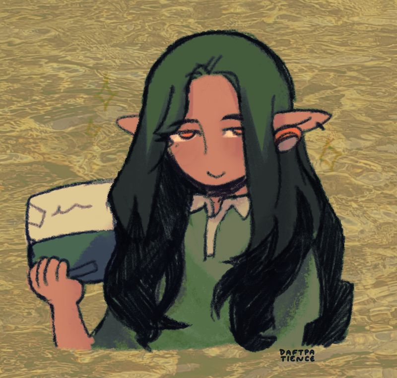 a drawing of derclan from drawtectives. he's got long green hair, tan skin, pointy elfish ears with headphones in, and piercing eyes. he's holding up a cooler. the vibe of the drawing is very lake-green and there's a water texture in the background.