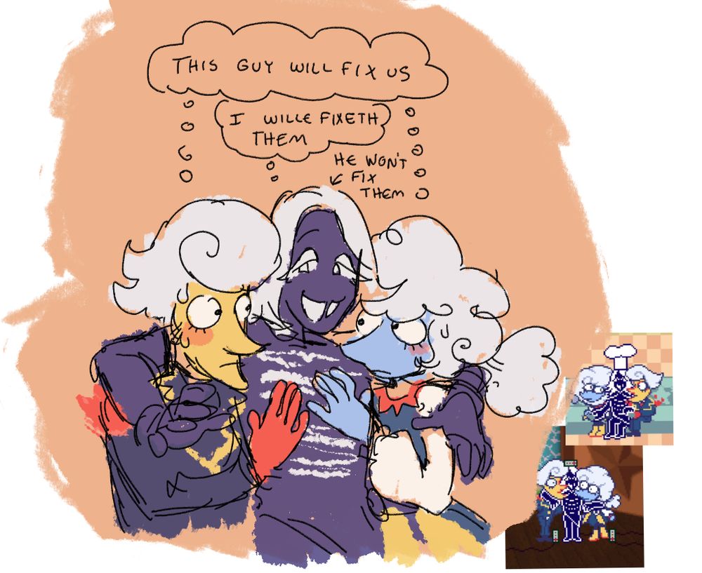 elnina and lanino are caught in an embrace by rouxls kaard. rouxls looks pleased and thinks "i will fixeth them." elnina and lanino look uncomfortable and think "this guy will fix us." an arrow points to rouxls that says "he won't fix them." 