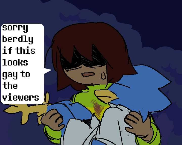 this is a WEIRD ROUTE SCENE that is only implied in game. kris is carrying an incapacitated berdly to the hospital at night. they say "sorry berdly if this looks gay to the viewers"
