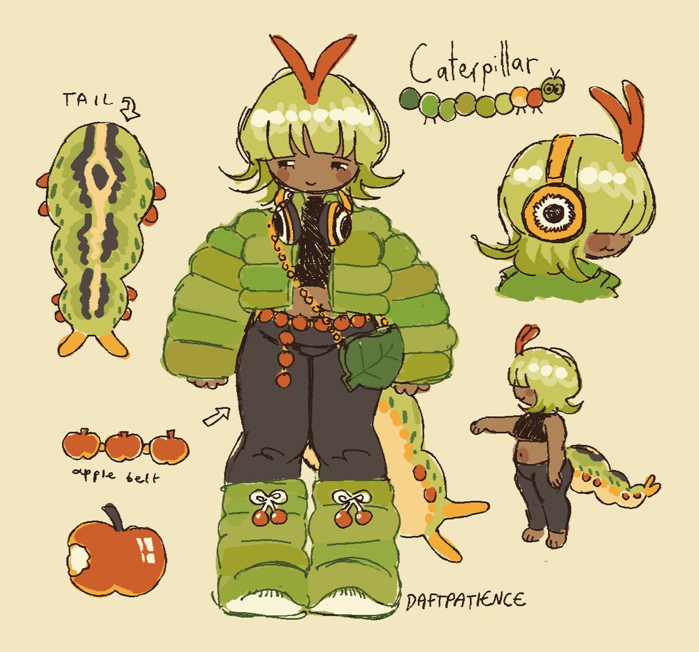a reference page for a caterpillar gijinka. a stocky tan character with shaggy green hair and red osmeterium (the Y shaped horn that some caterpillars can stick out in defense) they have a big green and yellow caterpillar tail with nubby prolegs and spines. they're wearing a big green puffer jacket, black tights and top, big green moon boots, and a belt made up of apple shaped medallions. they have a leaf shaped purse on a chain, and big yellow headphones with an eyespot mimic pattern. the whole design is somewhat reminiscent of a swallowtail caterpillar.
