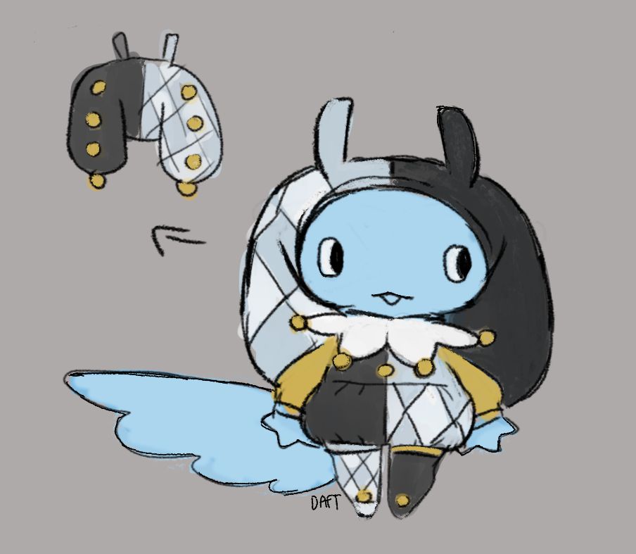 drawing of my fursona (blue lop eared critter with a long fluffy tail and antennae) in a little jester outfit. he's got a hood that fits his ears and antennae, a pointy neck ruffle with pompoms, puffy sleeves, and the classic puffy pants with jingly boot leggings. the whole costume is split down the middle in classic alternating black and white (the white has a pale diamond print) with yellow-gold accents. it goes nicely with his blue fur. a detail shot shows his hood has pompoms running down the back of each ear.